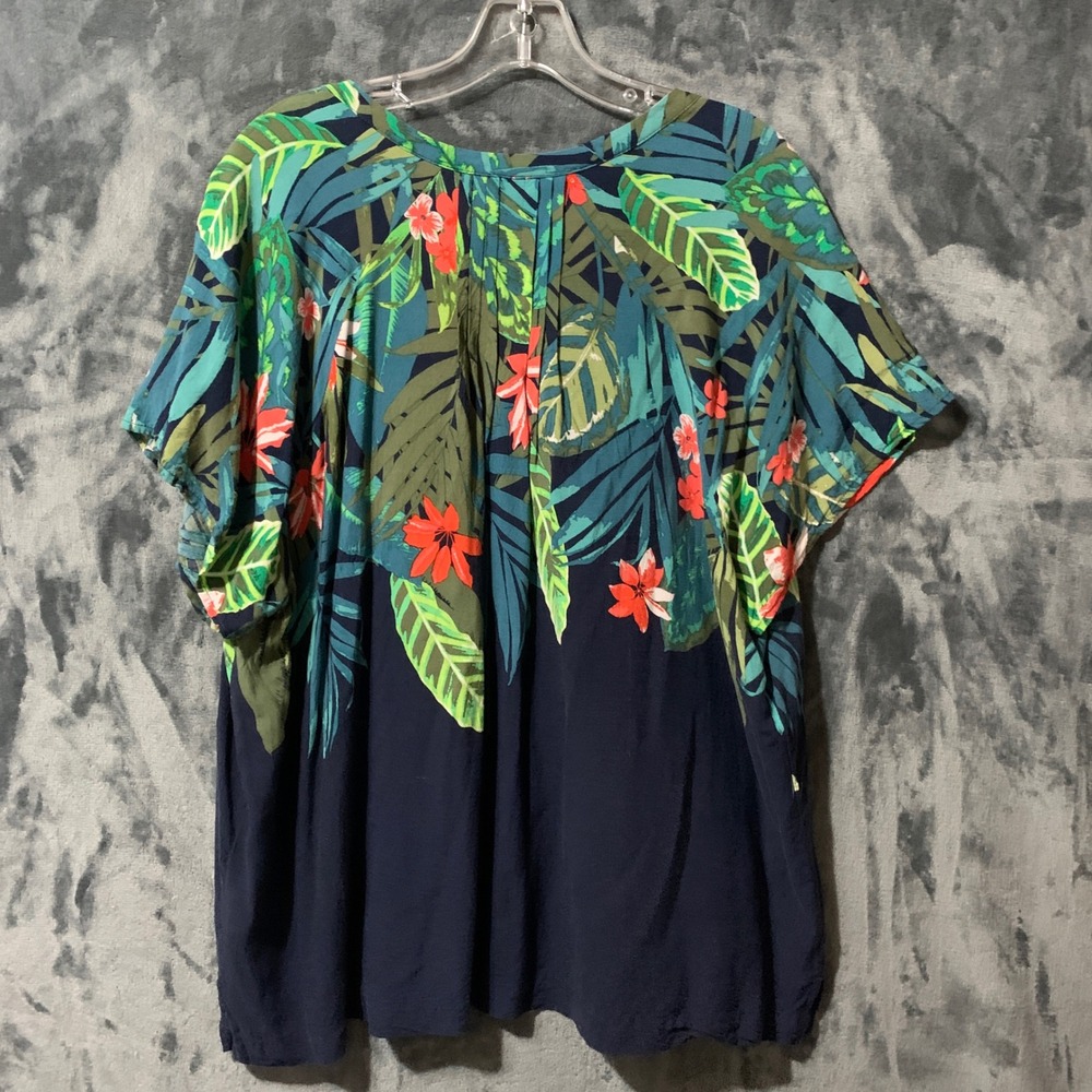 Old Navy Blouse Womens XXL Pretty Co Black Print Navy Blue Tropical Floral EUC - Picture 3 of 13
